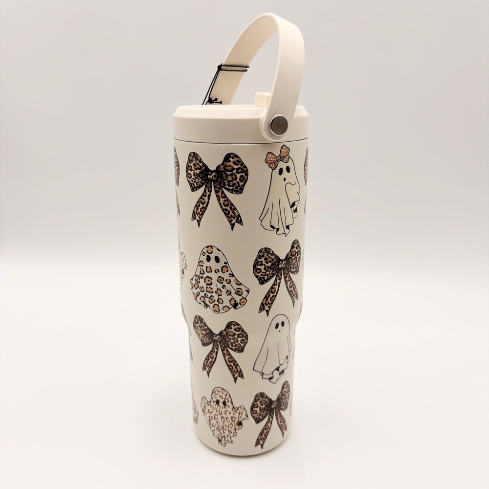 Hydrapeak 32oz Tumbler Leopard Print Ghost Bow Halloween Cream Stainless Steel